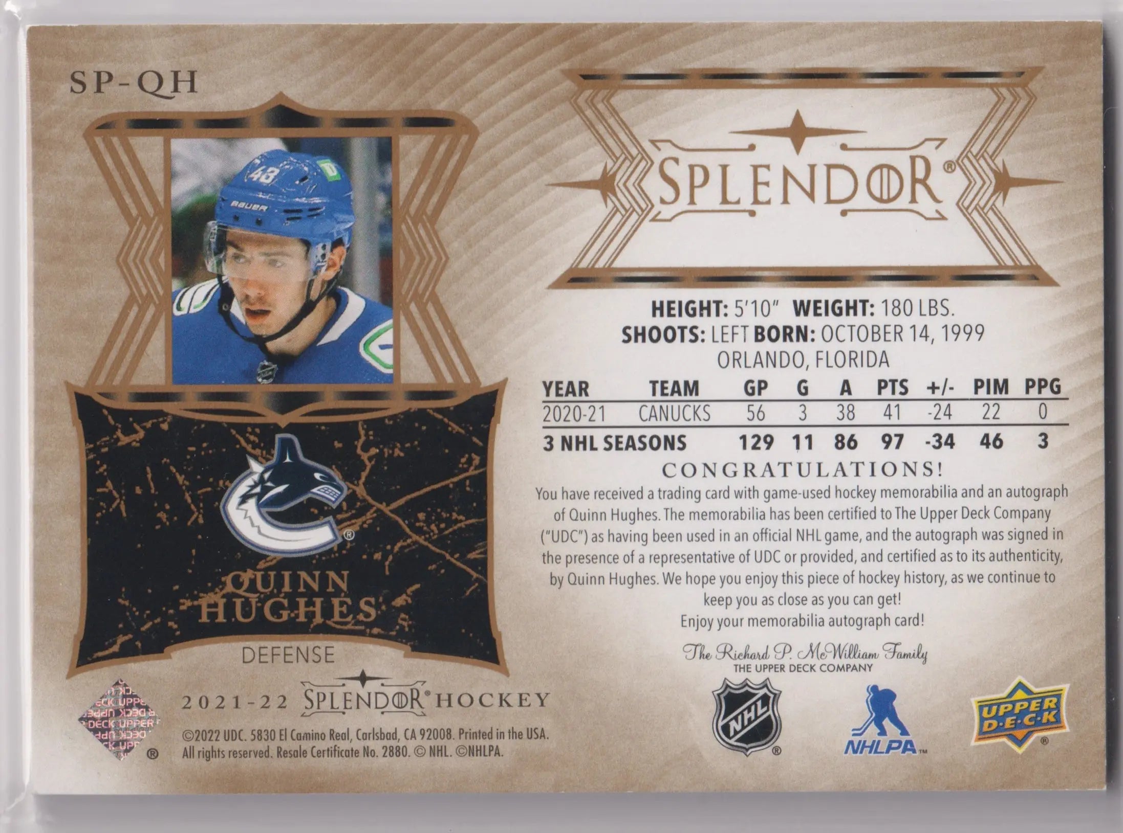 2021-22 Upper Deck Splendor Autograph Patch Quinn Hughes Auto /36 