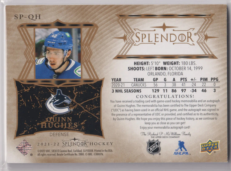 2021-22 Upper Deck Splendor Autograph Patch Quinn Hughes Auto /36 