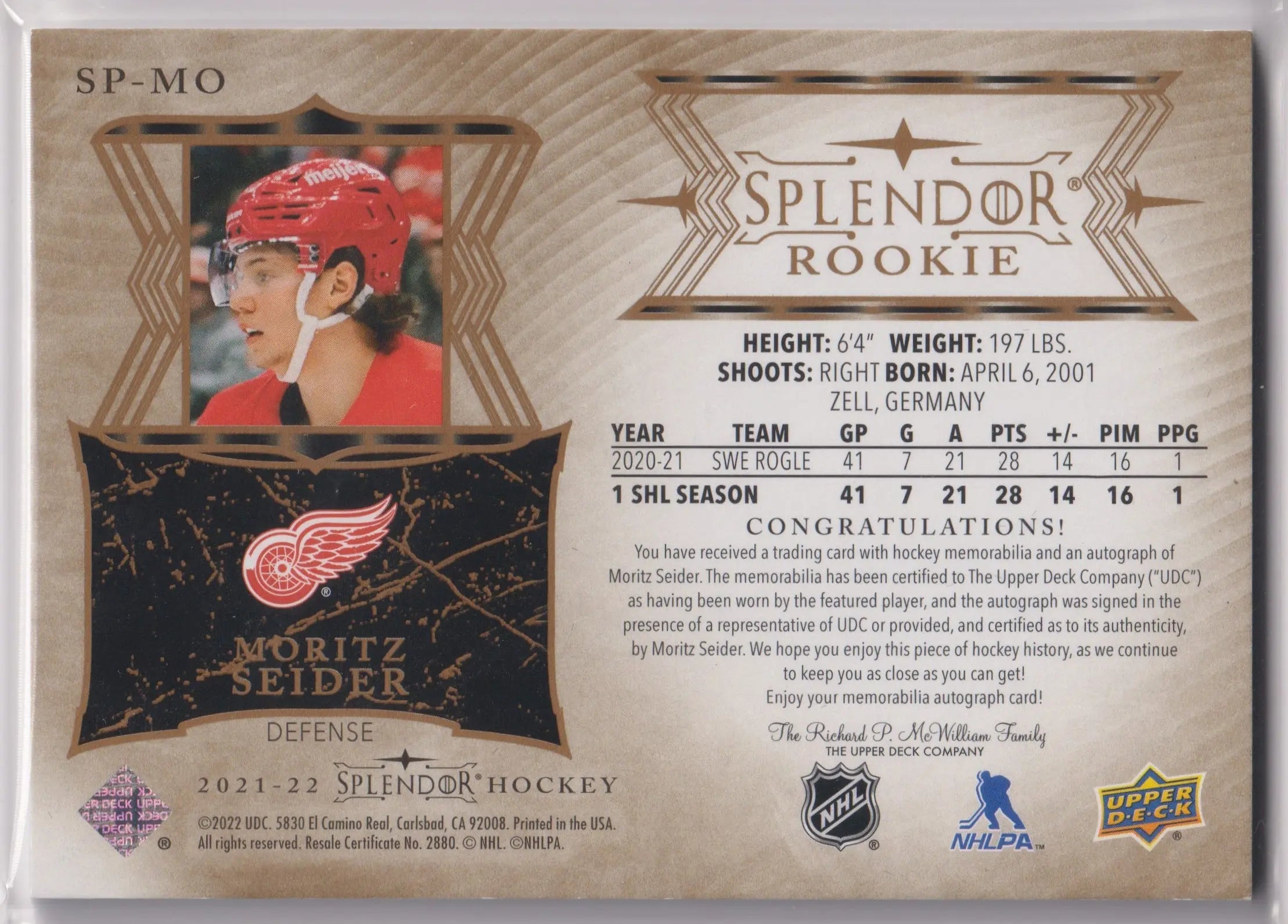 2021-22 Upper Deck Splendor Rookie Patch Autograph Moritz Seider Auto /49 RC 