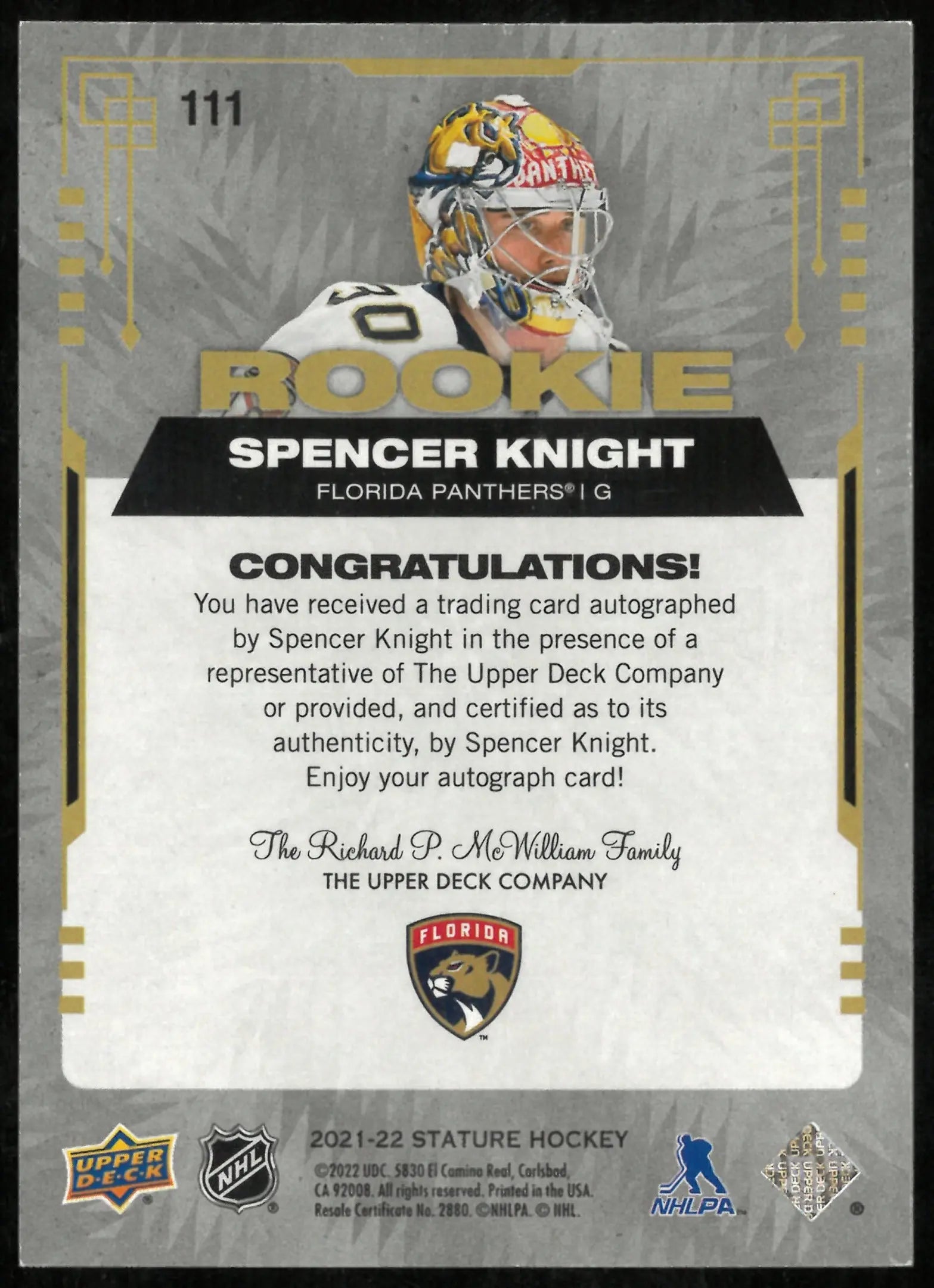 2021-22 Upper Deck Stature Spencer Knight RC Rookie Pink Auto /35 