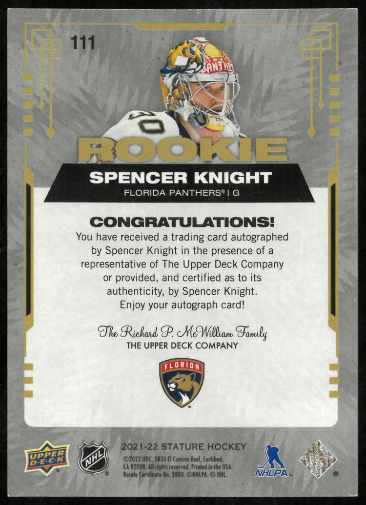 2021-22 Upper Deck Stature Spencer Knight RC Rookie Pink Auto /35 