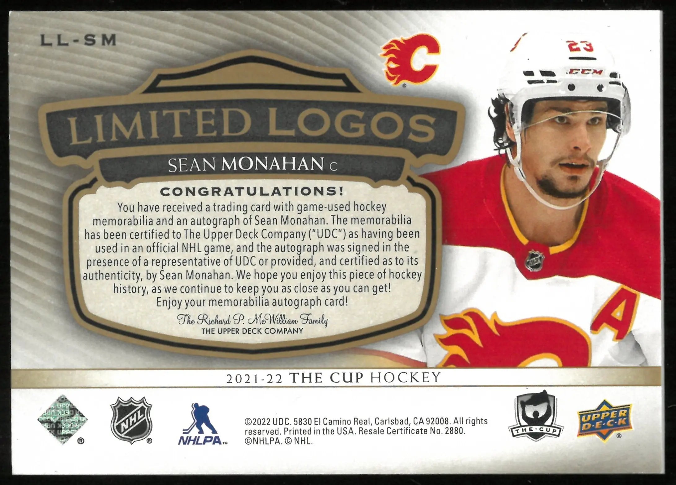 2021-22 Upper Deck The Cup Limited Logos Patch Auto Sean Monahan /50 