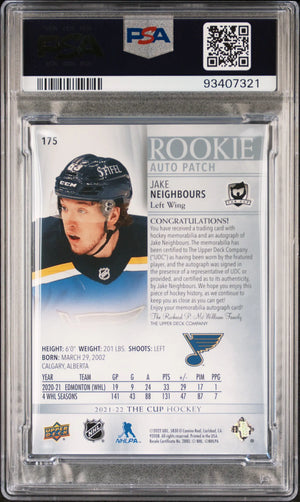 2021-22 Upper Deck The Cup PSA 9 Jake Neighbours Rookie Patch Autograph 190/249 