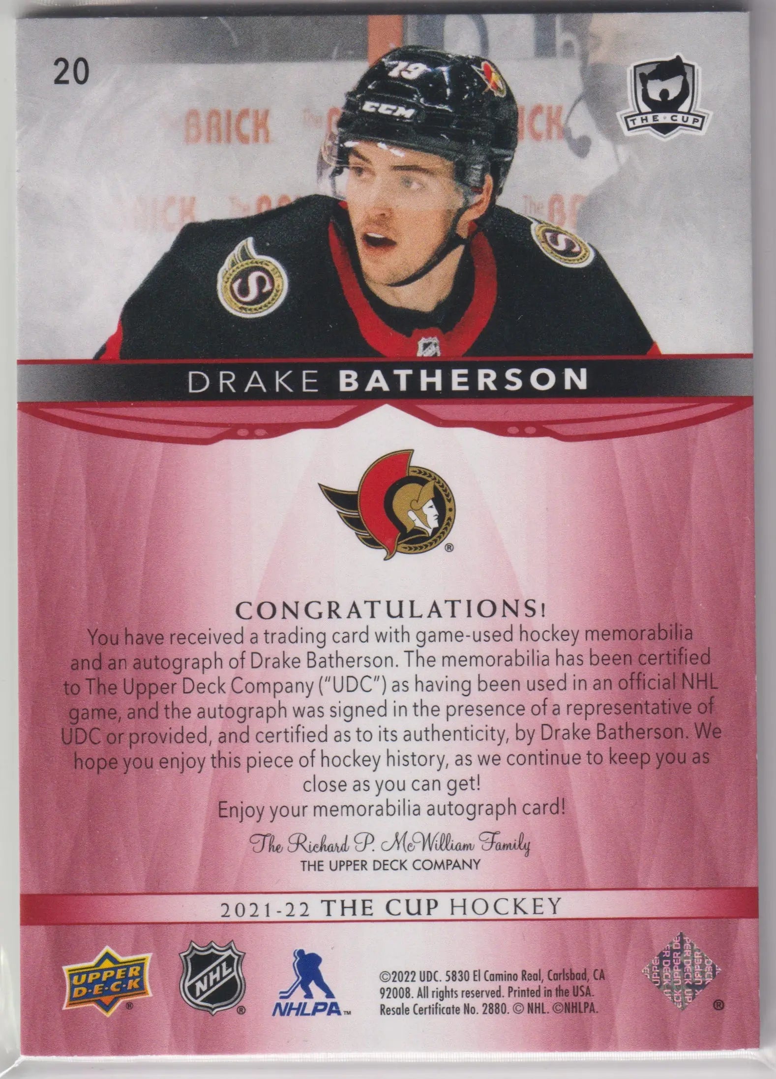 2021-22 Upper Deck The Cup Patch Autograph Drake Batherson Auto Red /4 
