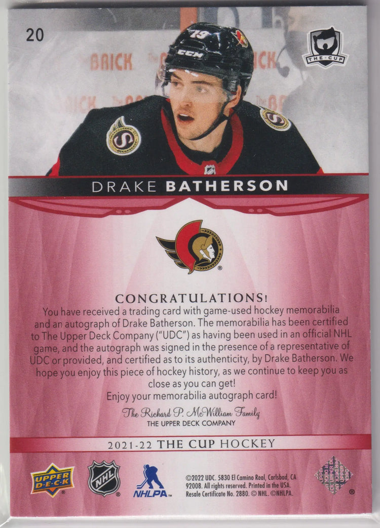 2021-22 Upper Deck The Cup Patch Autograph Drake Batherson Auto Red /4 