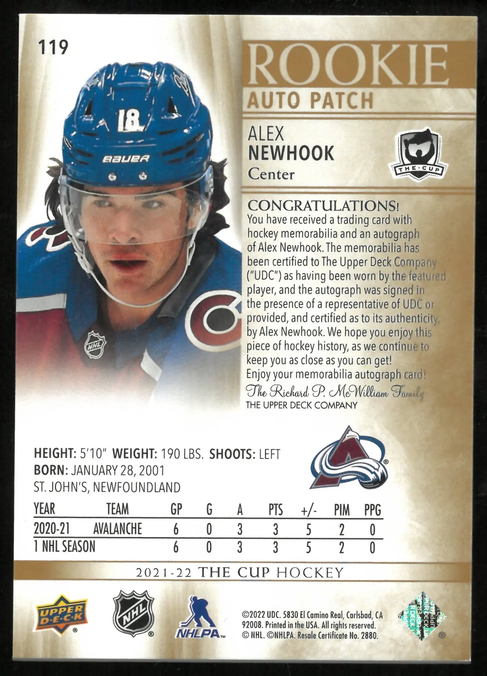 2021-22 Upper Deck The Cup Rookie Auto Patch Alex Newhook /24 