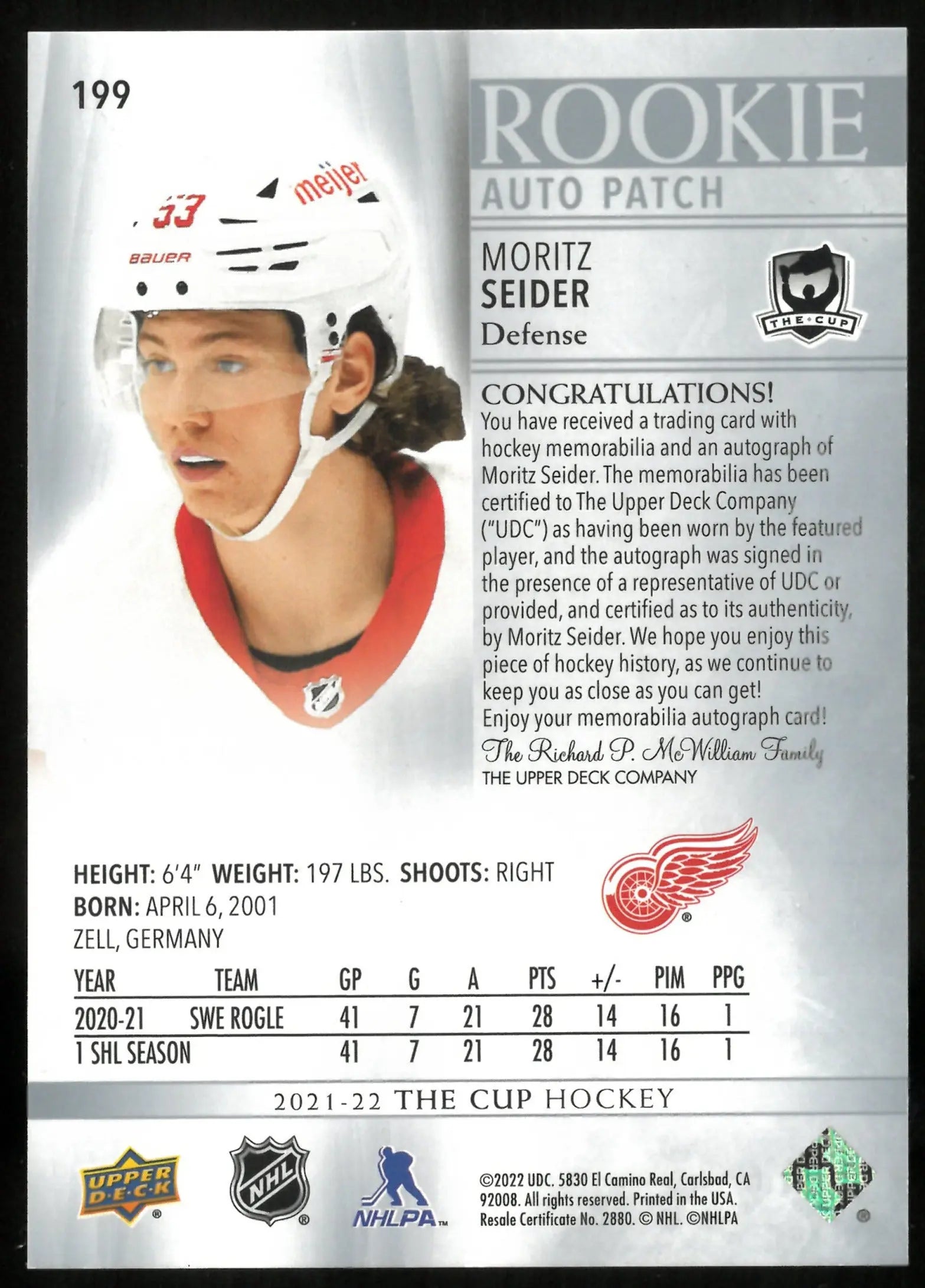 2021-22 Upper Deck The Cup Rookie Auto Patch Moritz Seider /99 