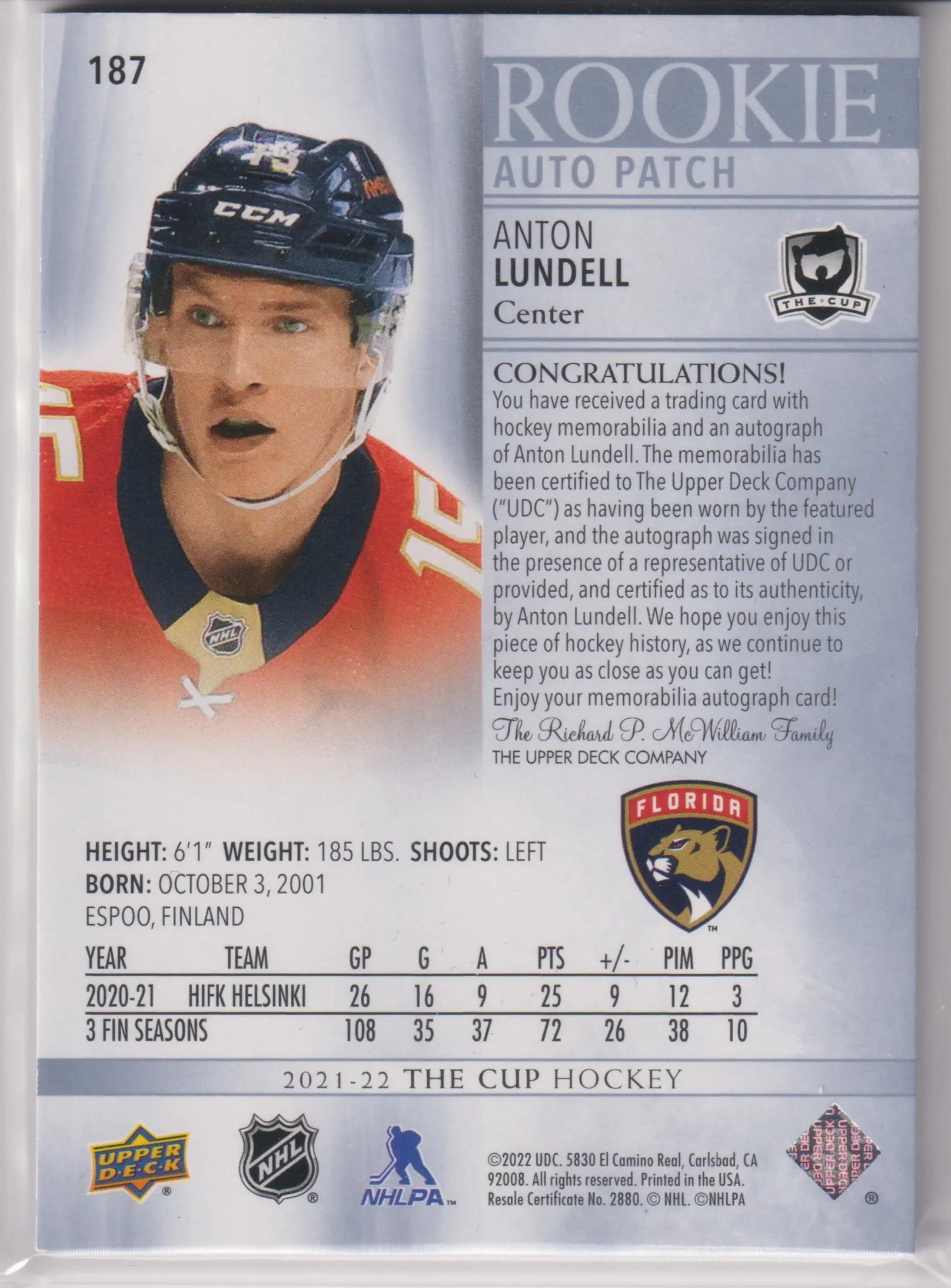 2021-22 Upper Deck The Cup Rookie Patch Autograph Anton Lundell Auto /249 RC 