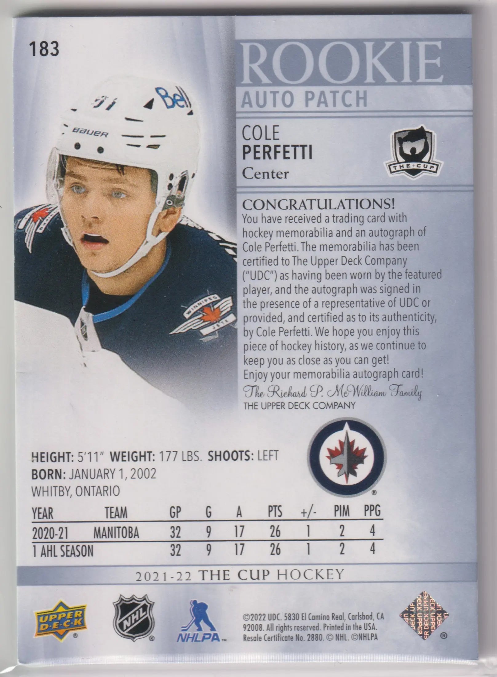 2021-22 Upper Deck The Cup Rookie Patch Autograph Cole Perfetti Auto /249 RC 