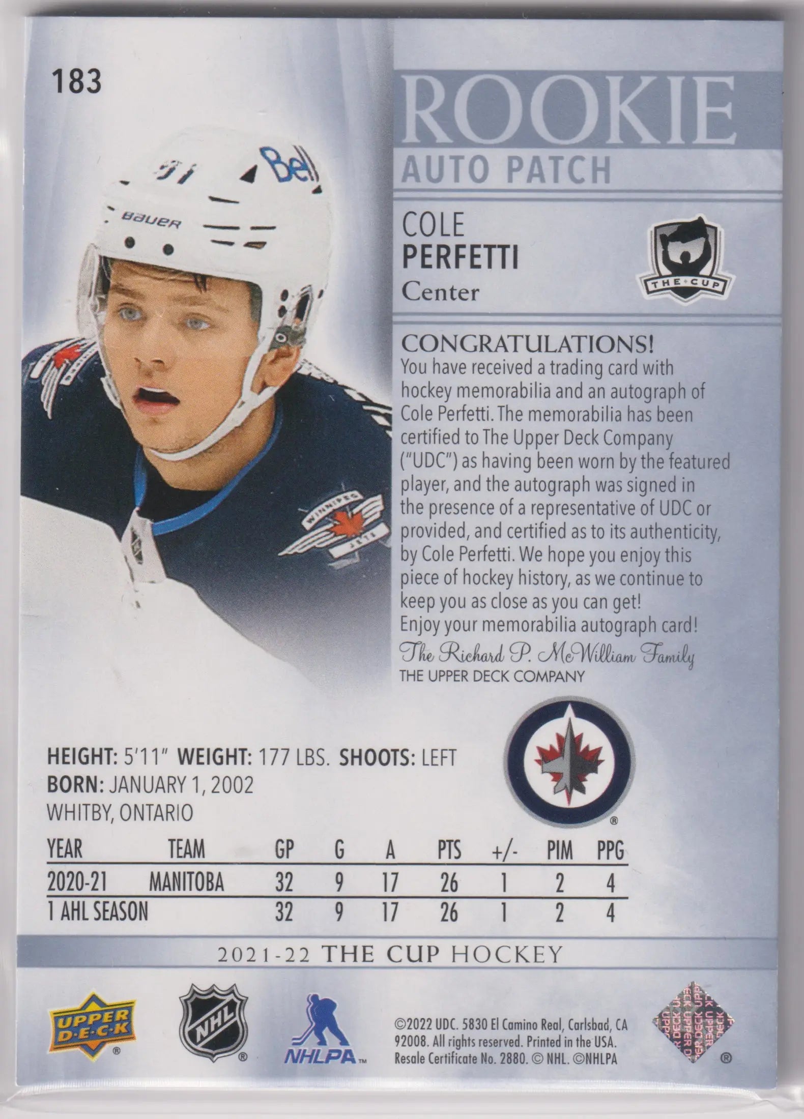 2021-22 Upper Deck The Cup Rookie Patch Autograph Cole Perfetti Auto /249 RC 