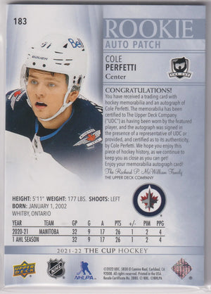 2021-22 Upper Deck The Cup Rookie Patch Autograph Cole Perfetti Auto /249 RC 