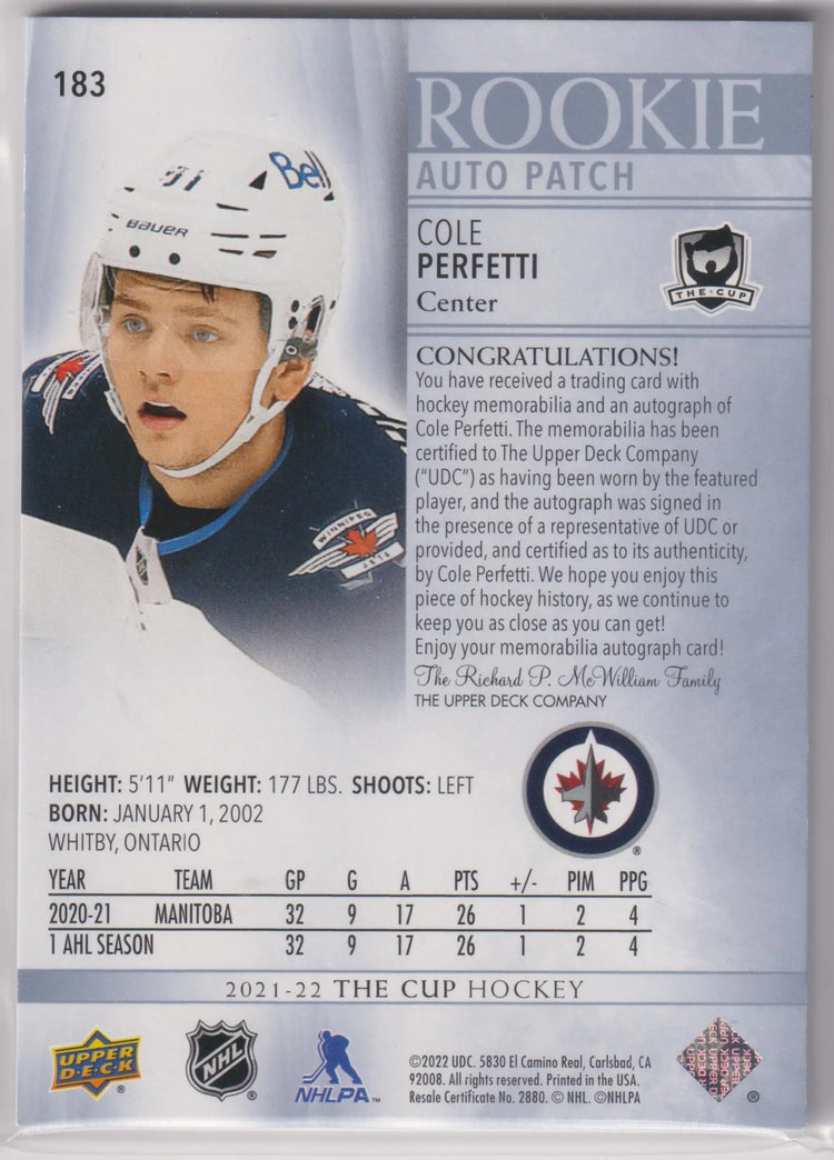 2021-22 Upper Deck The Cup Rookie Patch Autograph Cole Perfetti Auto /249 RC 