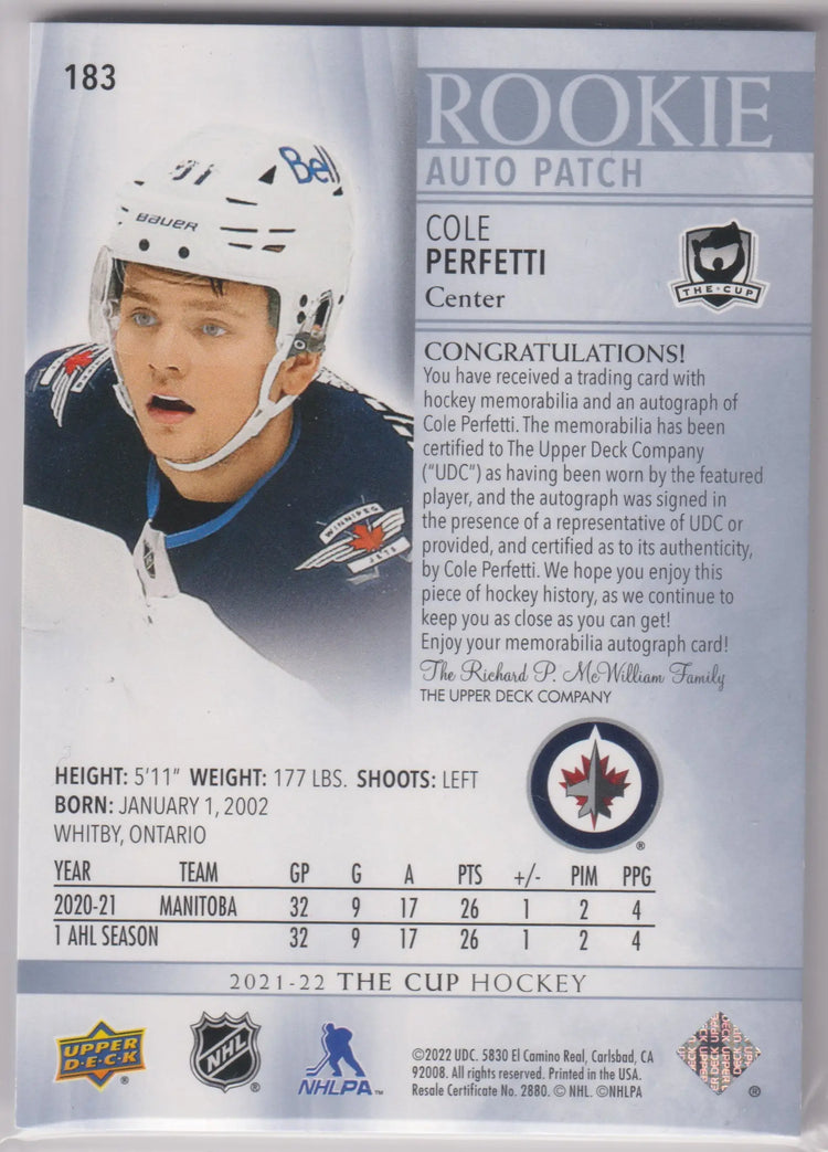 2021-22 Upper Deck The Cup Rookie Patch Autograph Cole Perfetti Auto /249 RC 