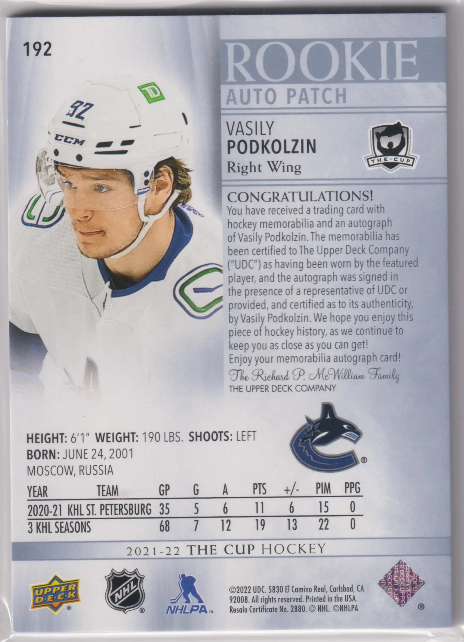 2021-22 Upper Deck The Cup Rookie Patch Autograph Vasily Podkolzin Auto /249 RC 