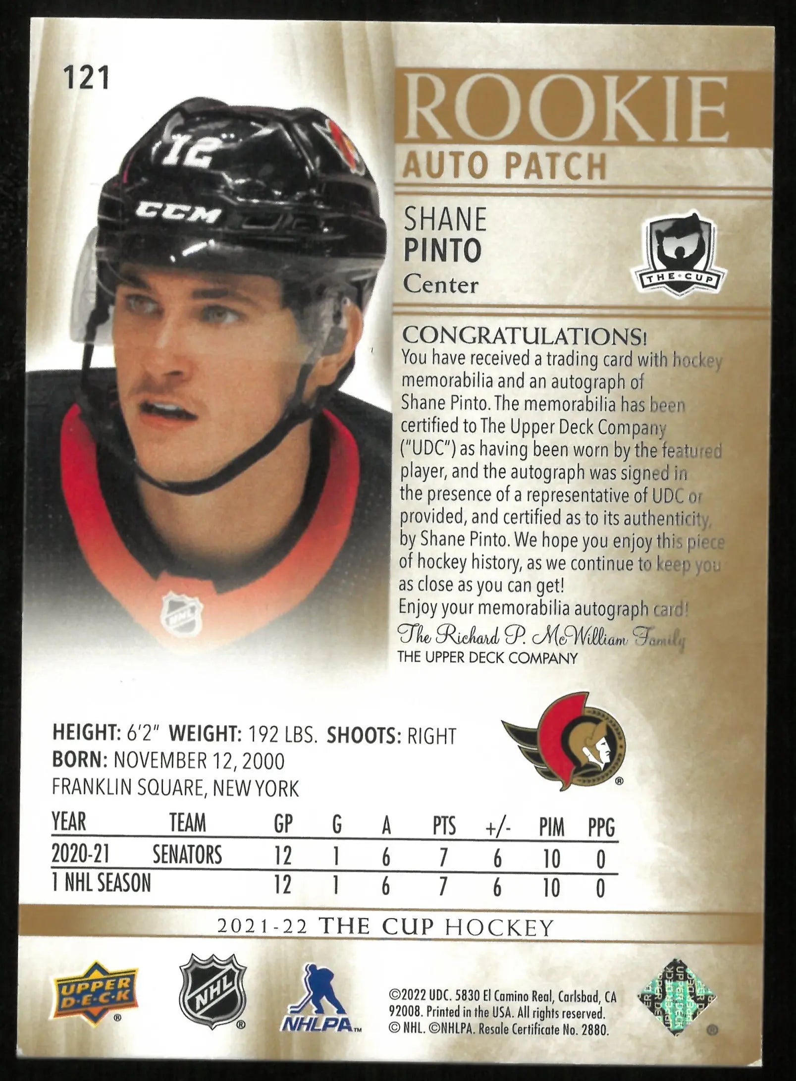 2021-22 Upper Deck The Cup Shane Pinto Gold RC Rookie Patch Auto /24 