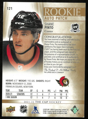 2021-22 Upper Deck The Cup Shane Pinto Gold RC Rookie Patch Auto /24 
