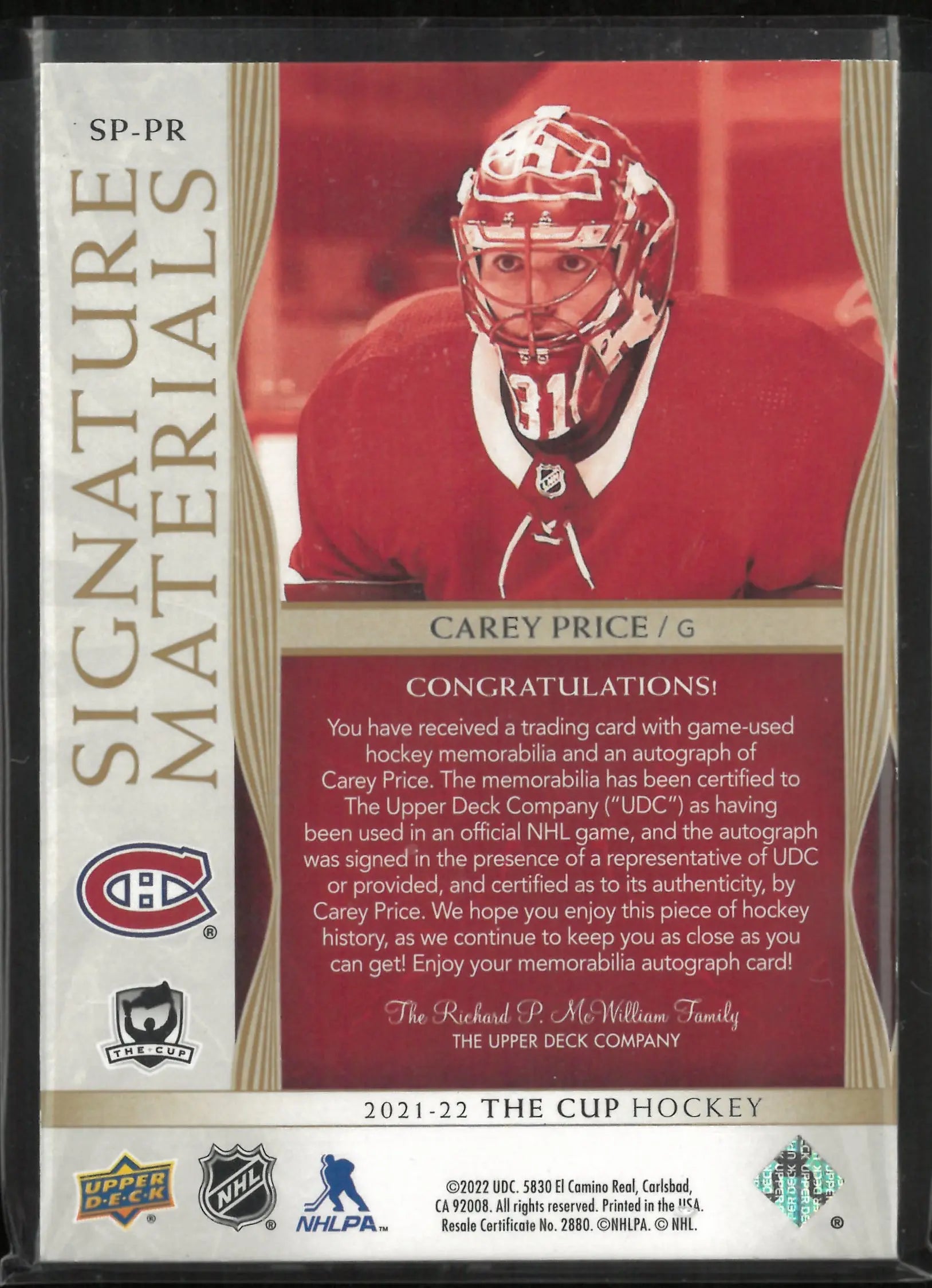 2021-22 Upper Deck The Cup Signatures Materials Carey Price Autograph Patch Auto /99 