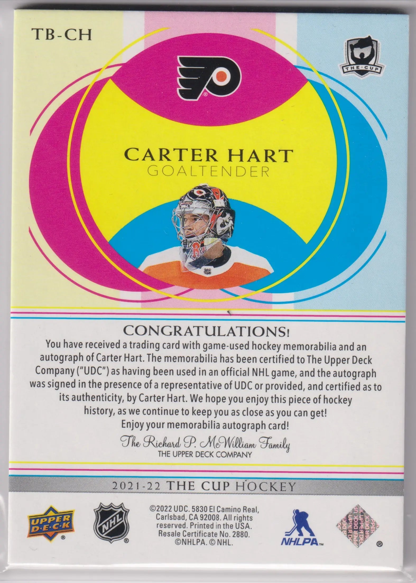 2021-22 Upper Deck The Cup The Basics Patch Autograph Carter Hart Auto /15 