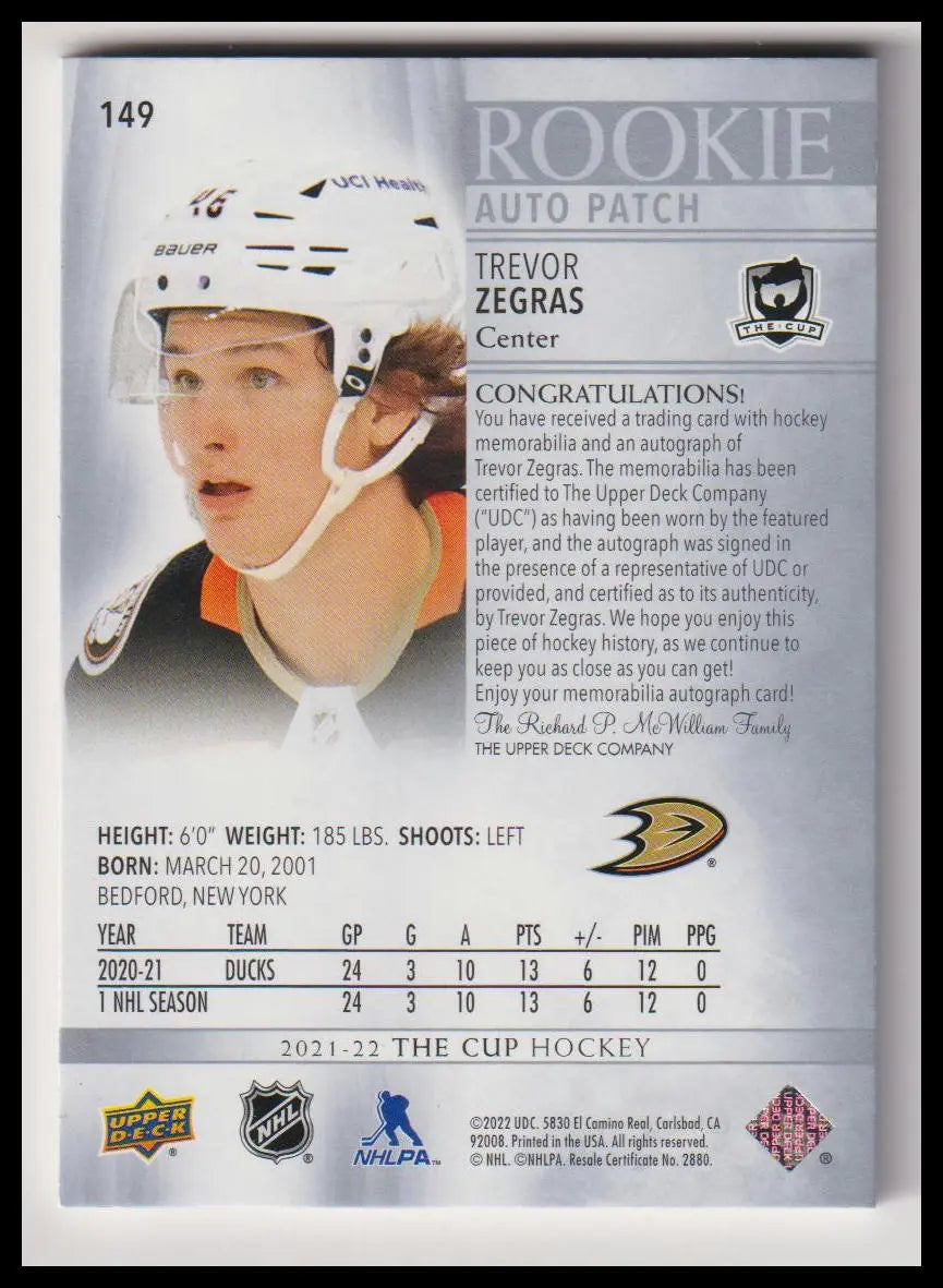 2021-22 Upper Deck The Cup #149 Trevor Zegras Rookie Patch Auto #/99 
