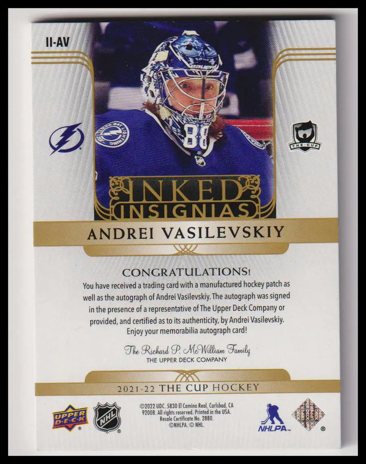 2021-22 Upper Deck The Cup #II-AV Andrei Vasilevskiy Inked Insignias #/25 