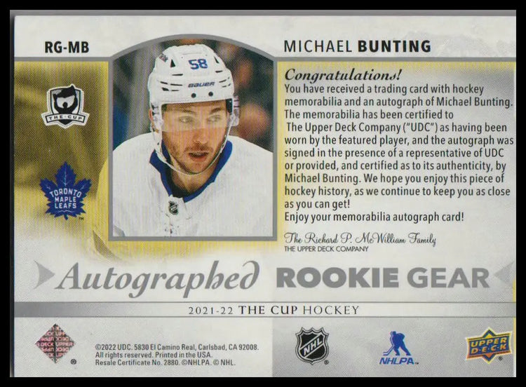 2021-22 Upper Deck The Cup #RG-MB Michael Bunting Autographed Rookie Gear #/24 