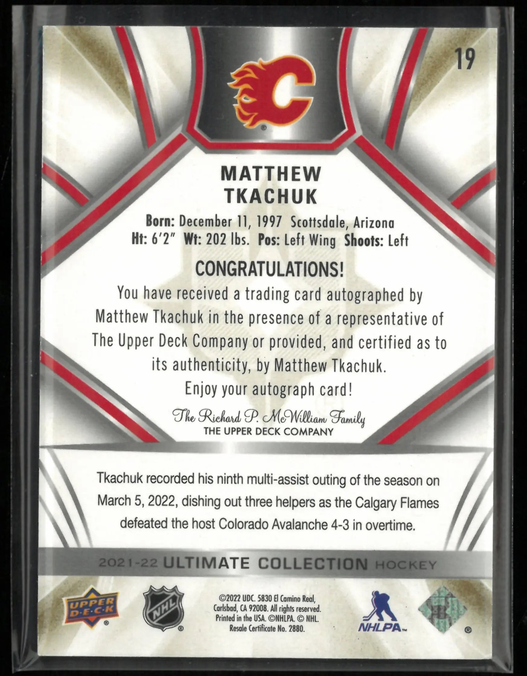 2021-22 Upper Deck Ultimate Collection Matthew Tkachuk Autograph Auto /35 