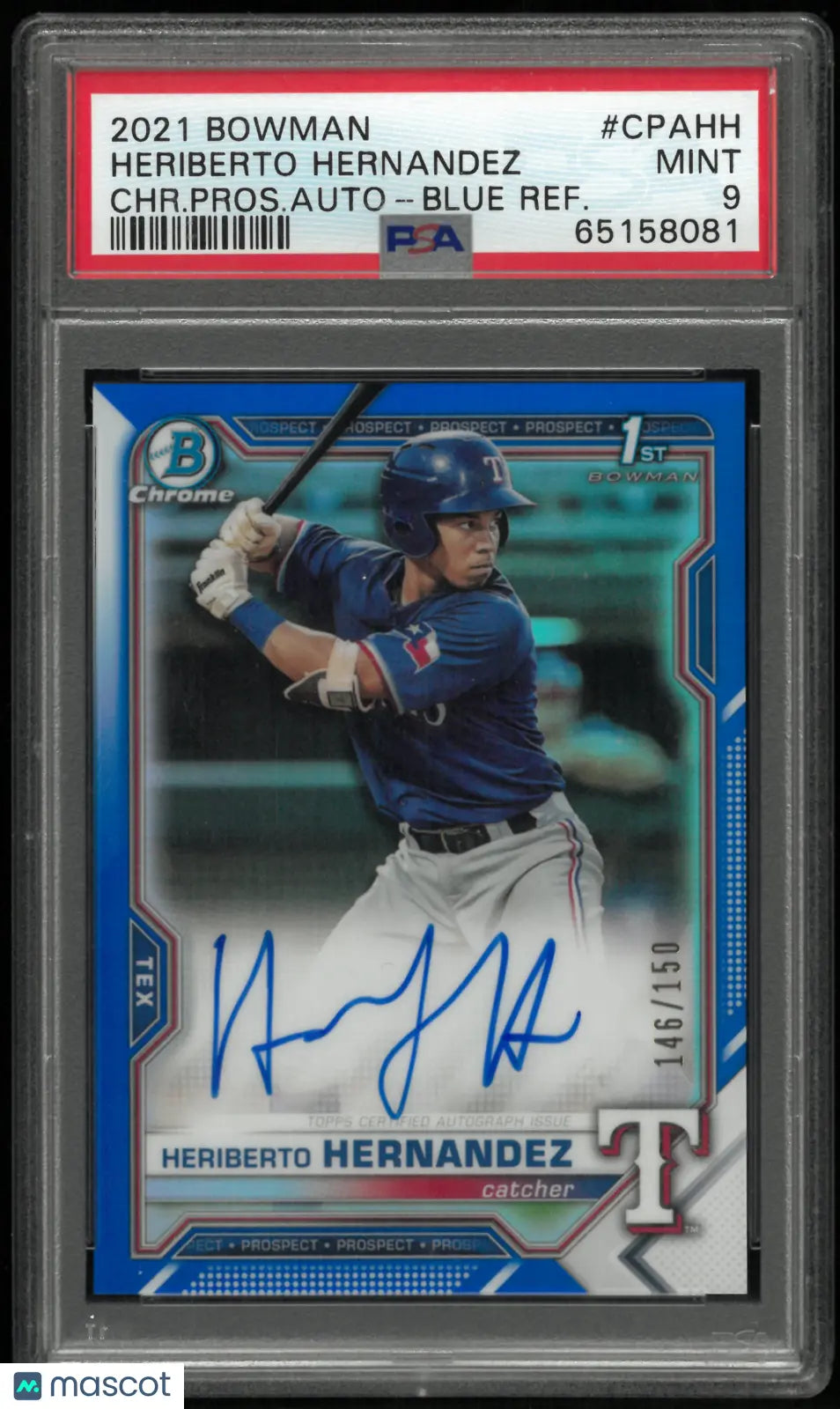 2021 Bowman Chrome Prospect Autographs Heriberto Hernandez  Blue Refractor PSA 9 
