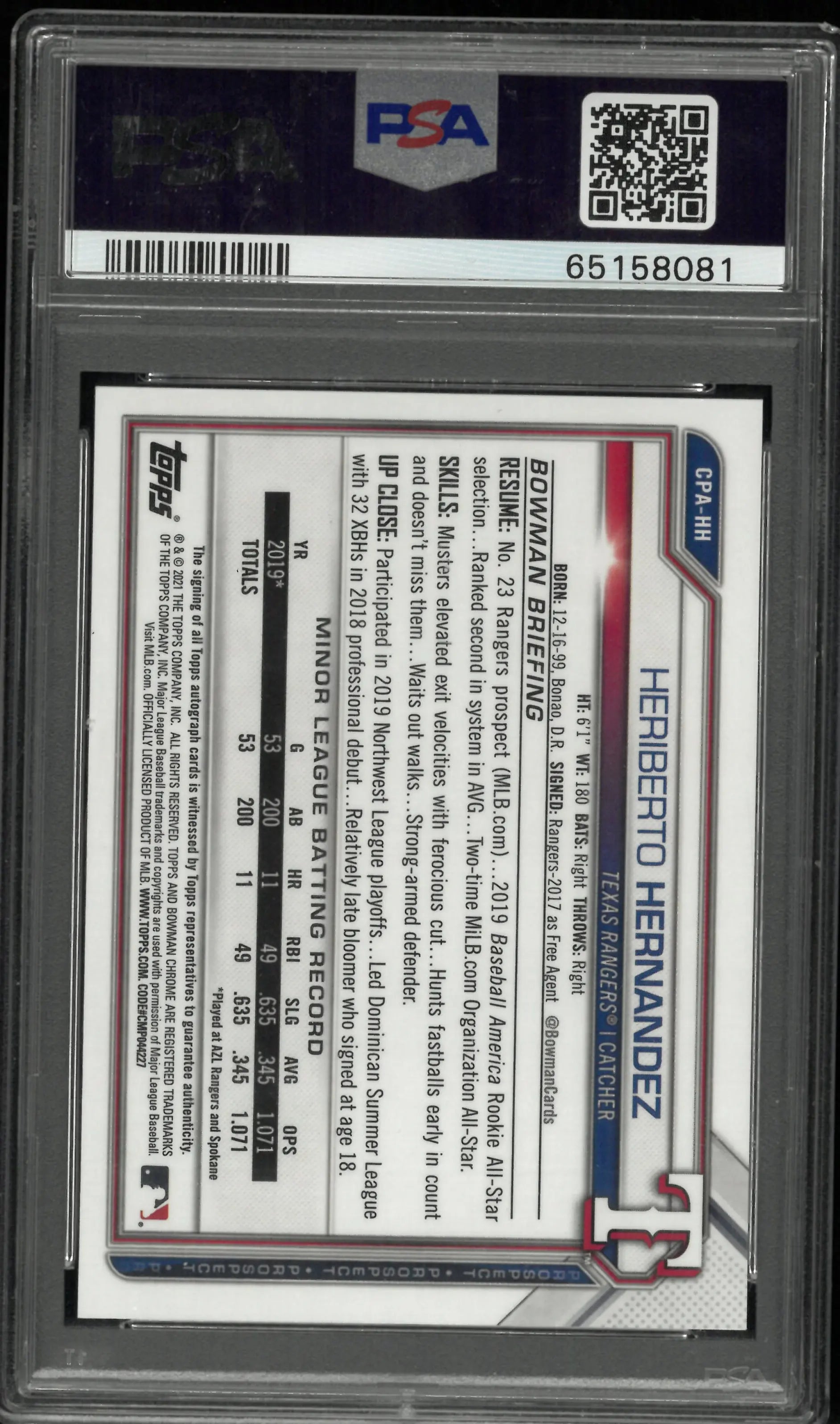 2021 Bowman Chrome Prospect Autographs Heriberto Hernandez  Blue Refractor PSA 9 