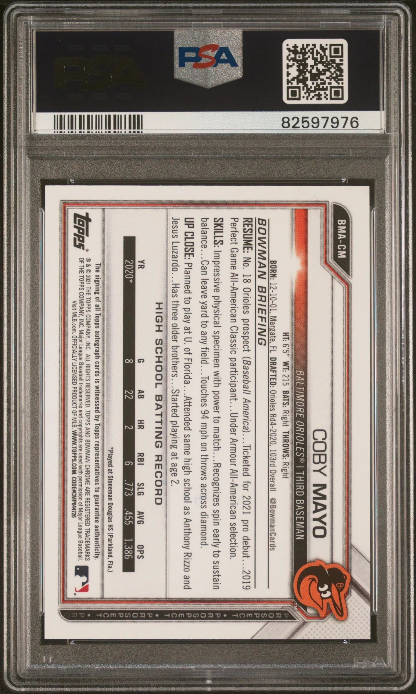 2021 Bowman Mega Box Chrome Autographs Coby Mayo Auto PSA 10 