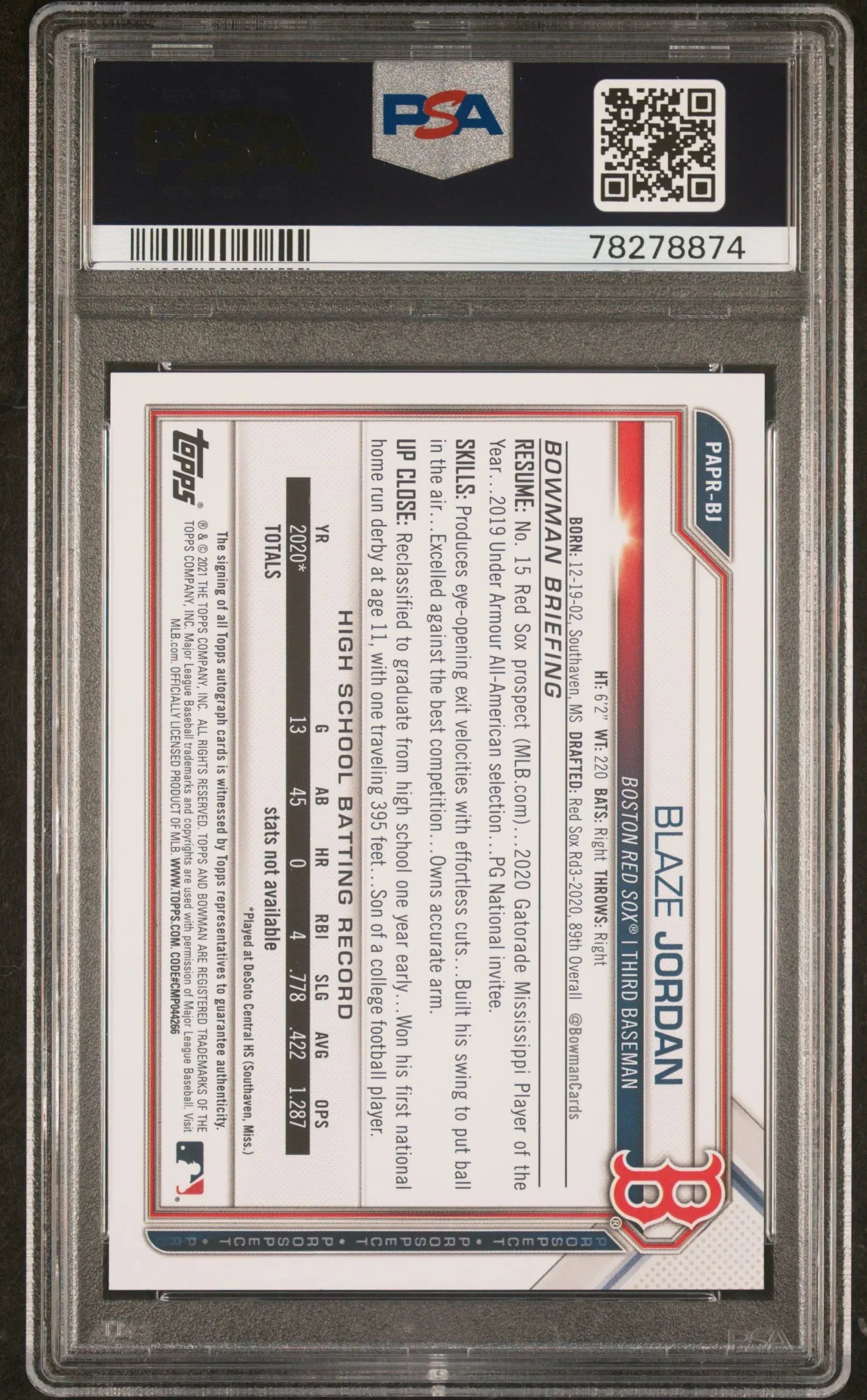 2021 Bowman Paper Prospect Autographs Blaze Jordan Auto PSA 10 