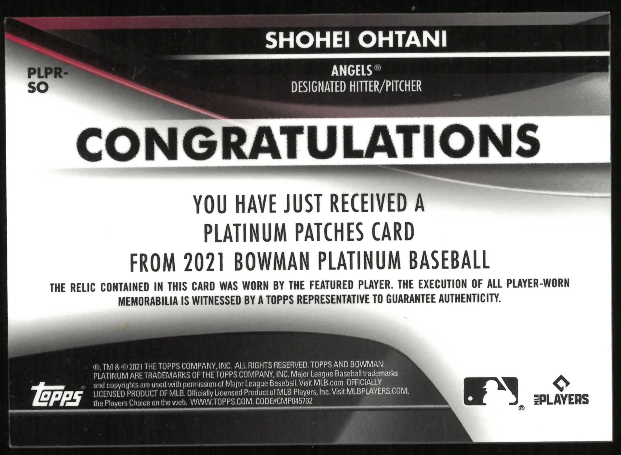 2021 Bowman Platinum Baseball Shohei Ohtani Platinum Patch /5 