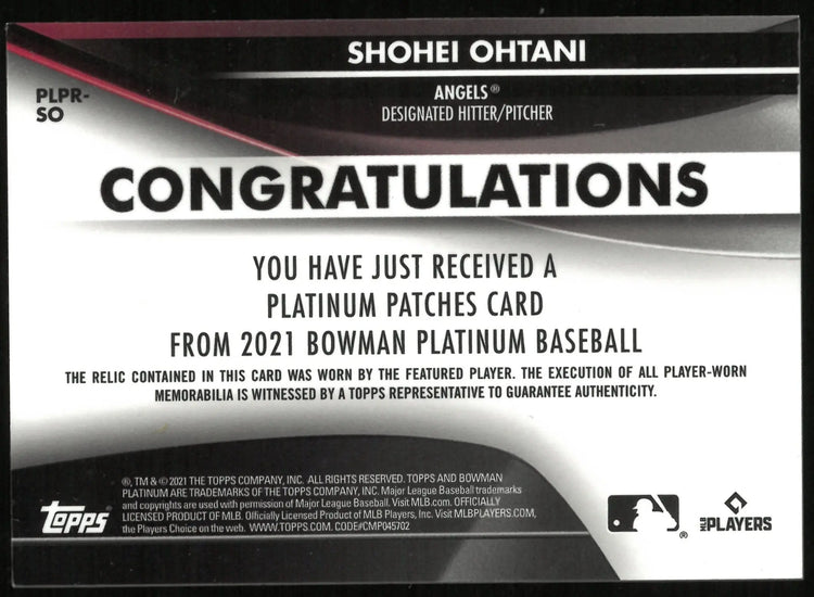 2021 Bowman Platinum Baseball Shohei Ohtani Platinum Patch /5 