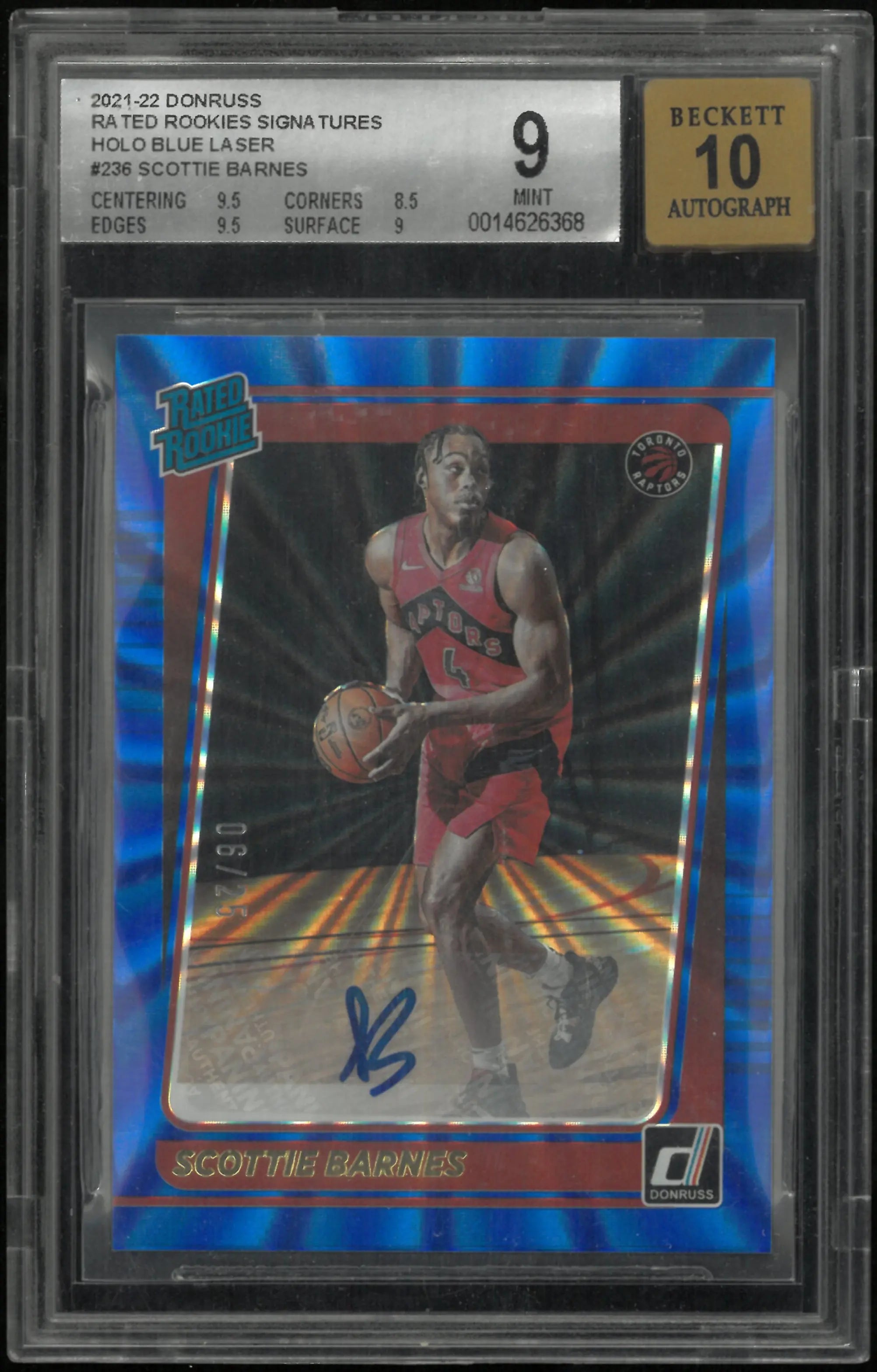 2021 Donruss Rated Rookies Signatures Holo Blue Laser Scottie Barnes #236 BGS 9 