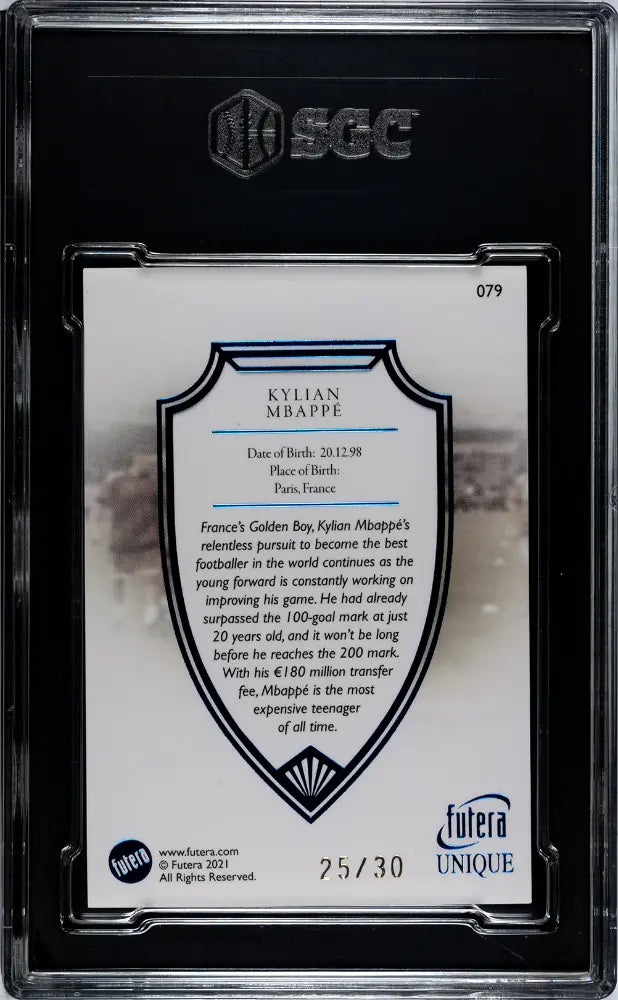 2021 Futera Unique World Football Kylian Mbappe Sapphire /30 SGC 10 