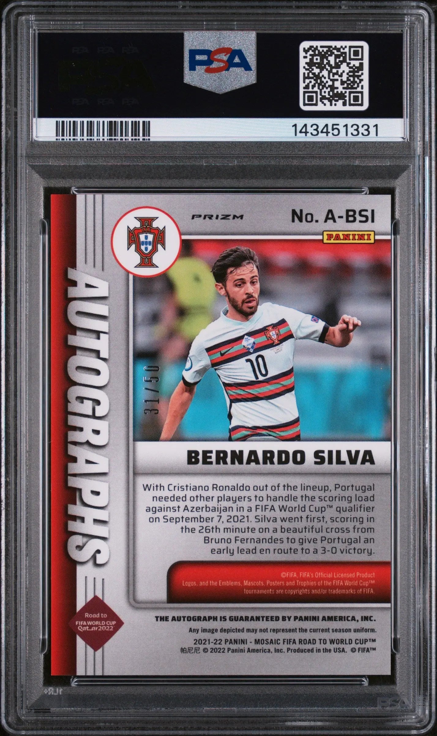 2021 Mosaic FIFA Rd To WC Bernardo Silva Auto MS Orange Fluorescent PSA 10 /50 
