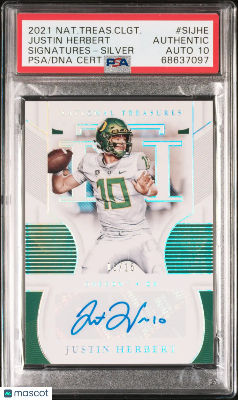 2021 National Treasures Collegiate Auto Justin Herbert Silver /15 PSA Authentic 