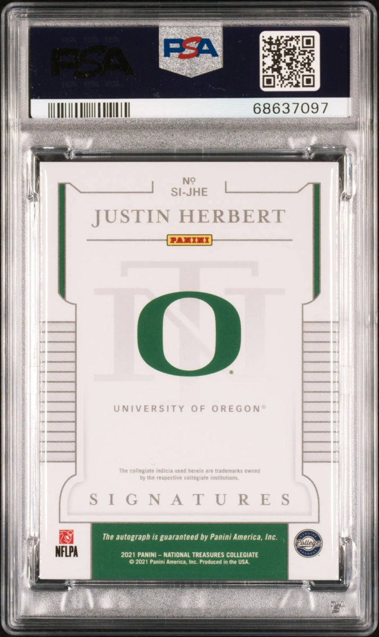 2021 National Treasures Collegiate Auto Justin Herbert Silver /15 PSA Authentic 