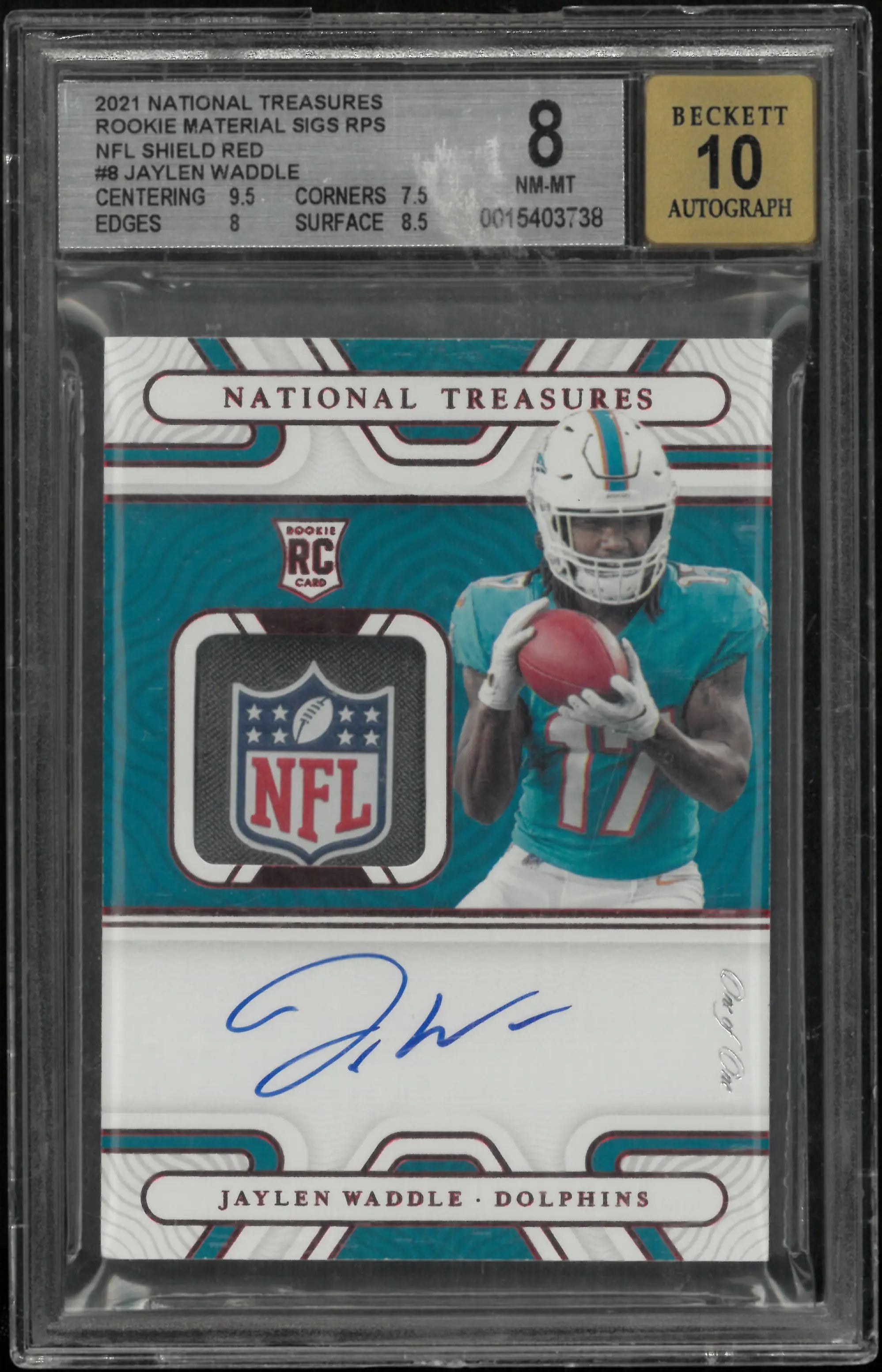 2021 National Treasures Rookie Patch Auto NFL Shield Red Jaylen Waddle BGS 8 1/1 