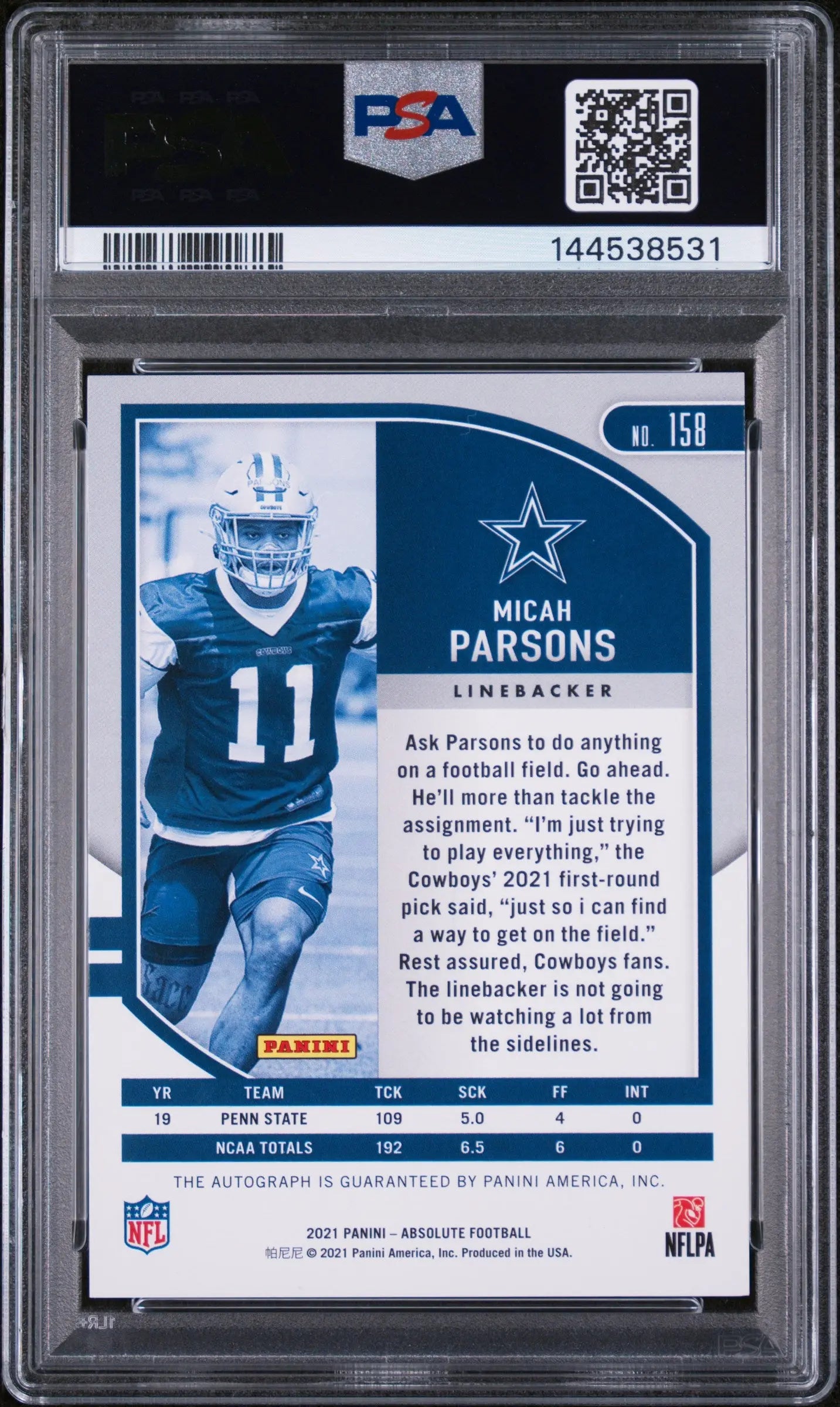 2021 Panini Absolute Rookie Autograph Micah Parsons RC Auto Signature PSA 9 
