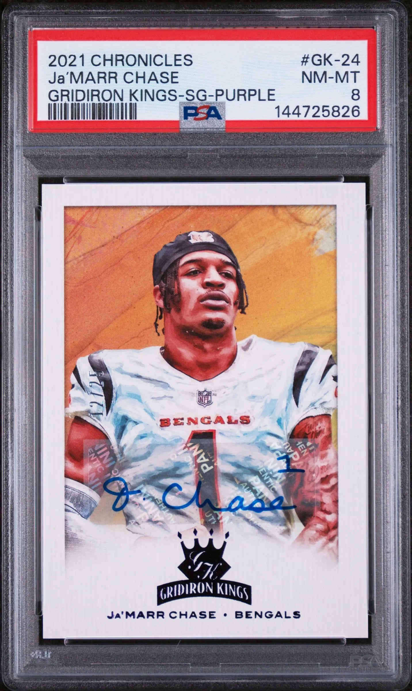 2021 Panini Chronicles Gridiron Kings Purple Auto Ja’Marr Chase /25 PSA 8 