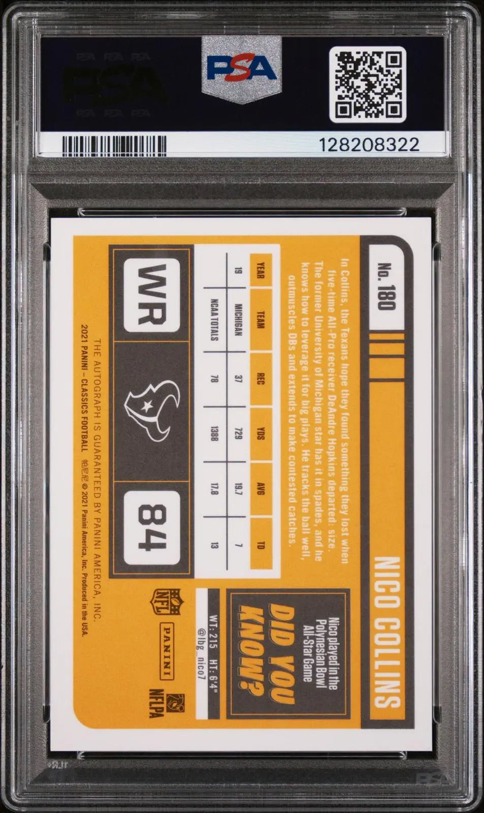 2021 Panini Classics Rookie Autograph Nico Collins Auto RC PSA 9 