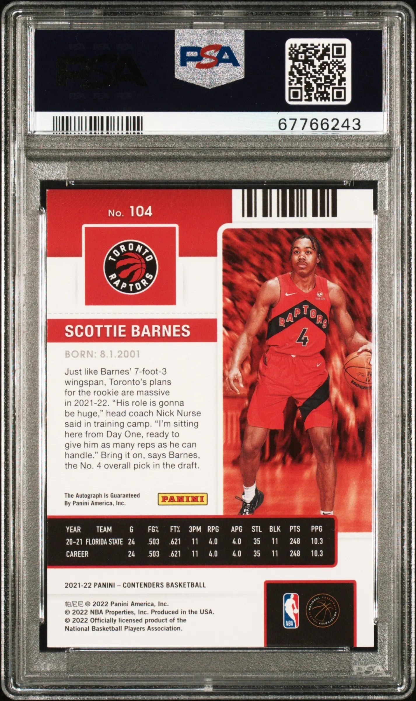 2021 Panini Contenders Basketball Scottie Barnes RC Rookie Ticket Auto PSA 9 