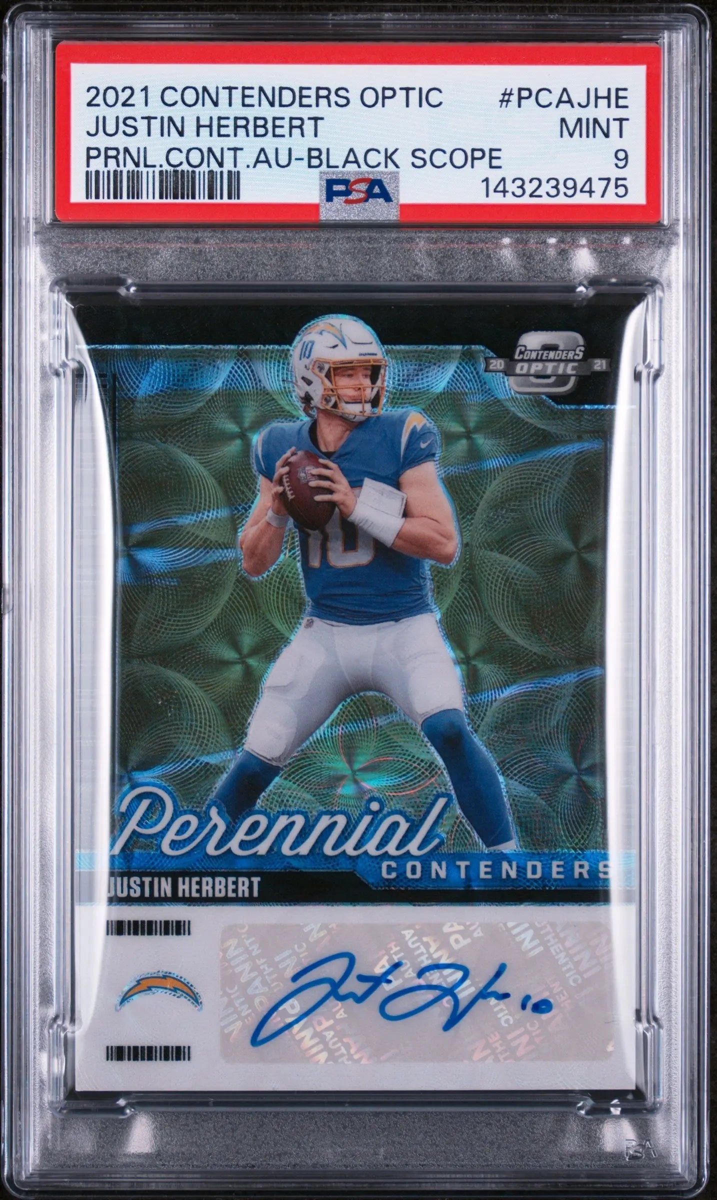 2021 Panini Contenders Optic PRNL CONT Black Scope Auto Justin Herbert /15 PSA 9 