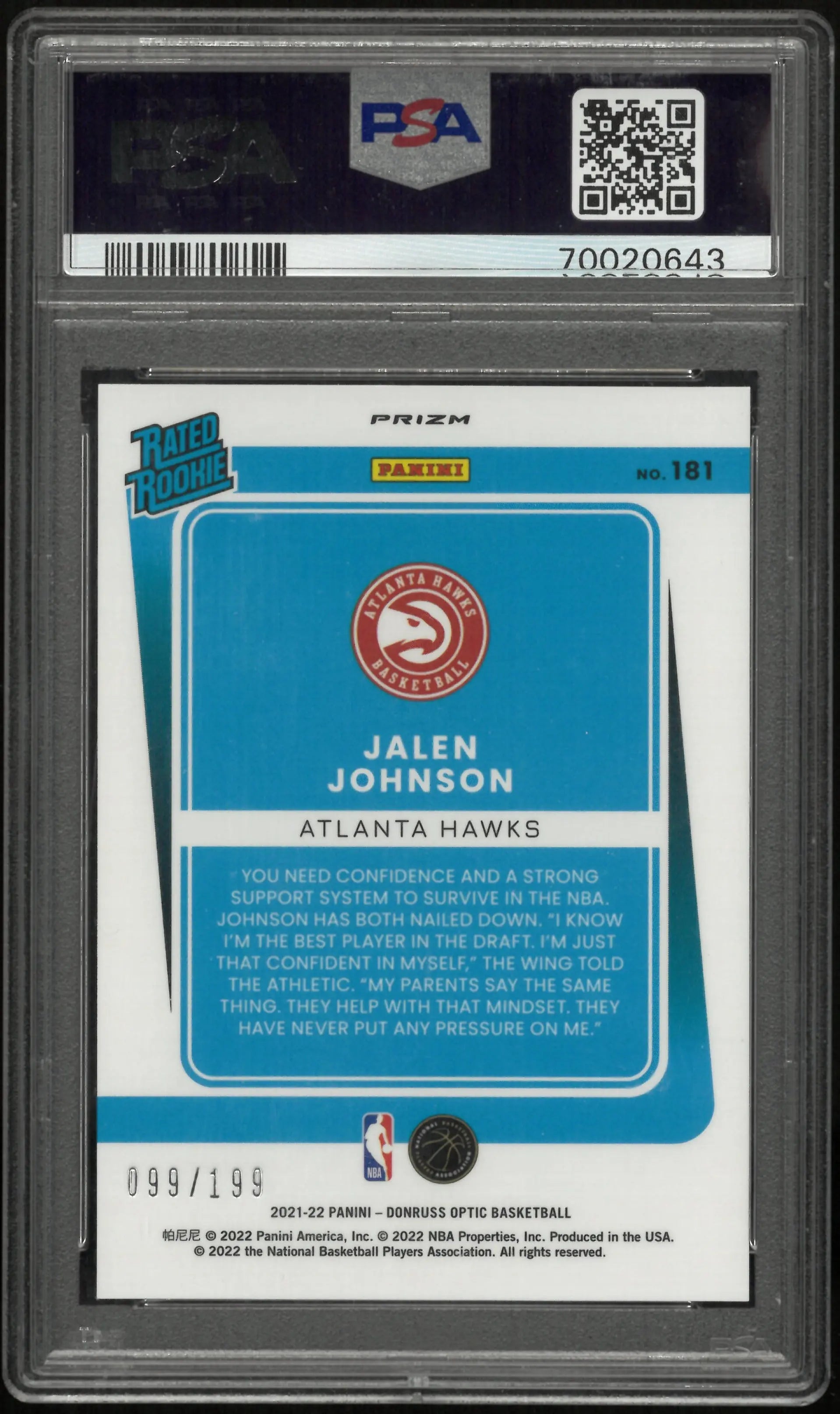2021 Panini Donruss Optic Jalen Johnson Rated Rookie RC Orange PSA 9 /199 