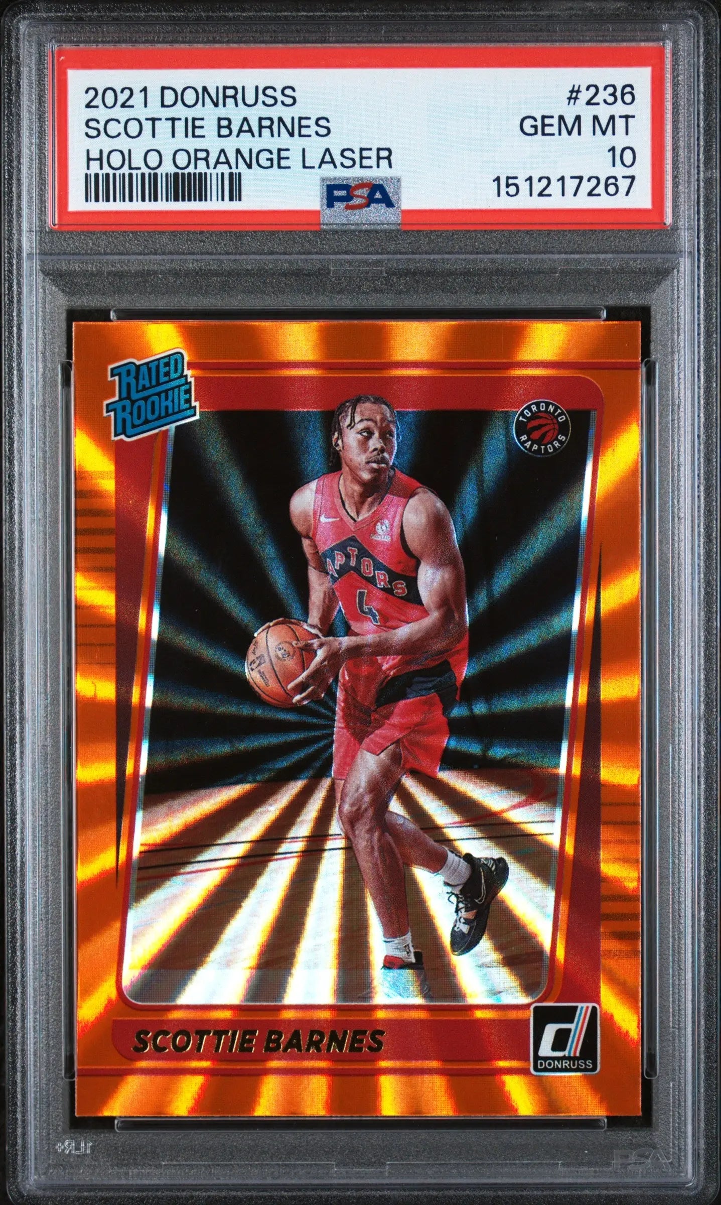 2021 Panini Donruss Rated Rookie Scottie Barnes Holo Orange Laser RC PSA 10 
