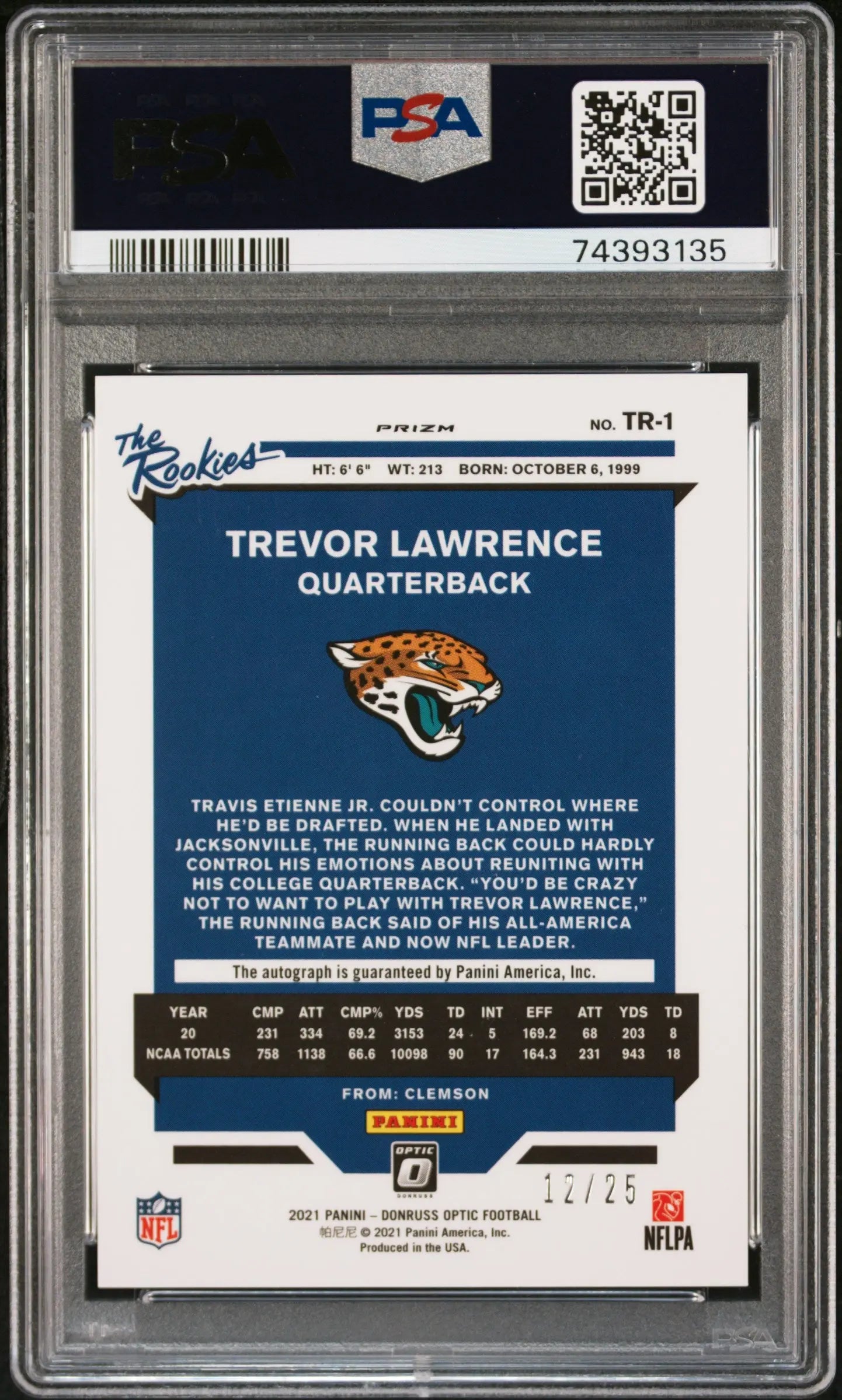 2021 Panini Donruss The Rookie Autograph Trevor Lawrence Purple Stars /25 PSA 10 