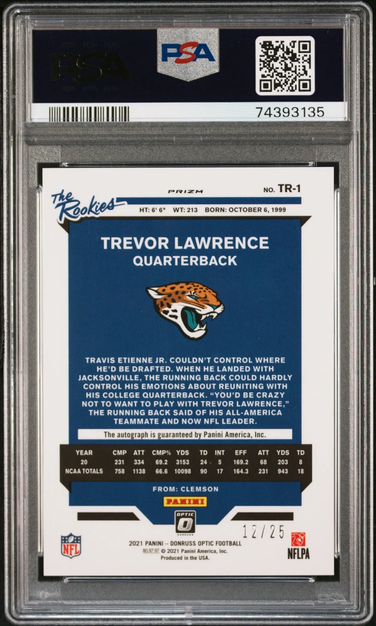 2021 Panini Donruss The Rookie Autograph Trevor Lawrence Purple Stars /25 PSA 10 