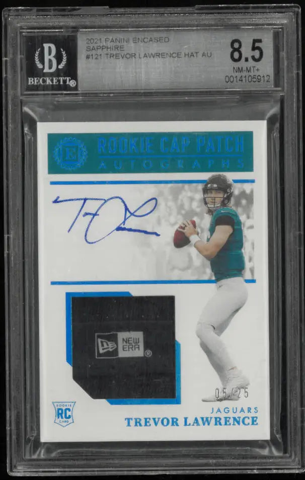 2021 Panini Encased Sapphire Trevor Lawrence RC Rookie Hat Patch BGS 8.5 /25 