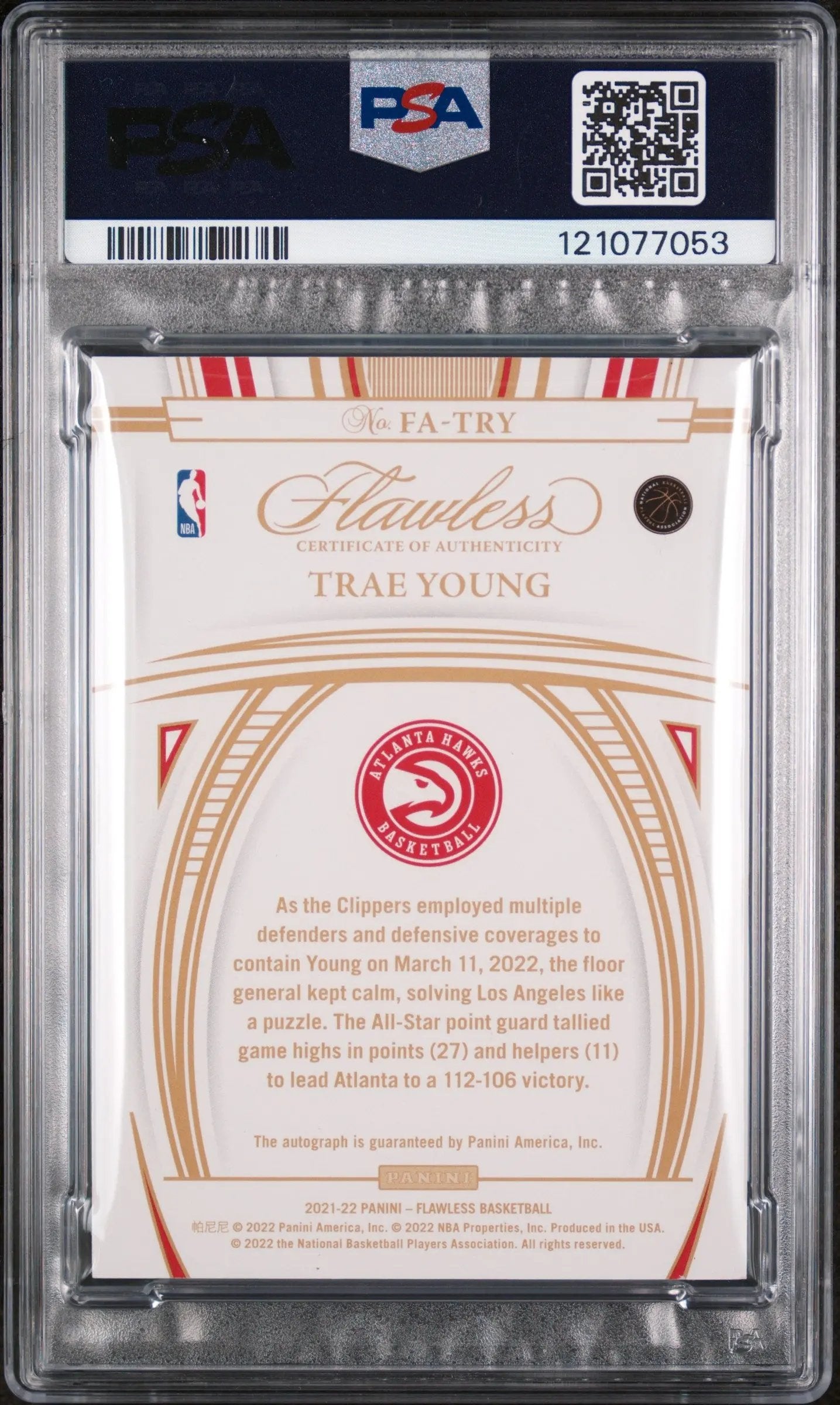 2021 Panini Flawless Basketball Autographs Auto Trae Young Ruby /15 PSA 9 