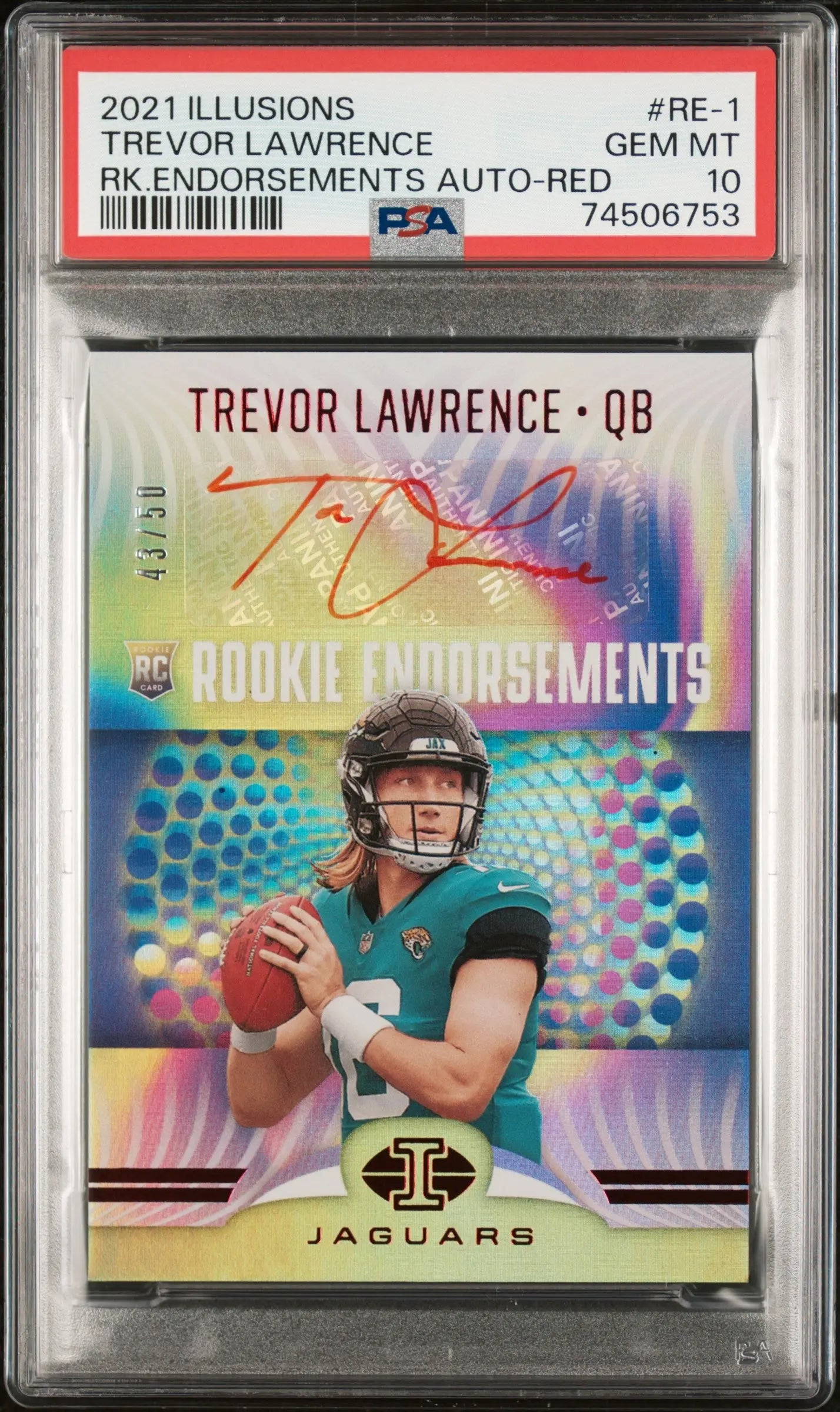 2021 Panini Illusions Rookie Endorsements Auto Trevor Lawrence Red /50 RCPSA 10 